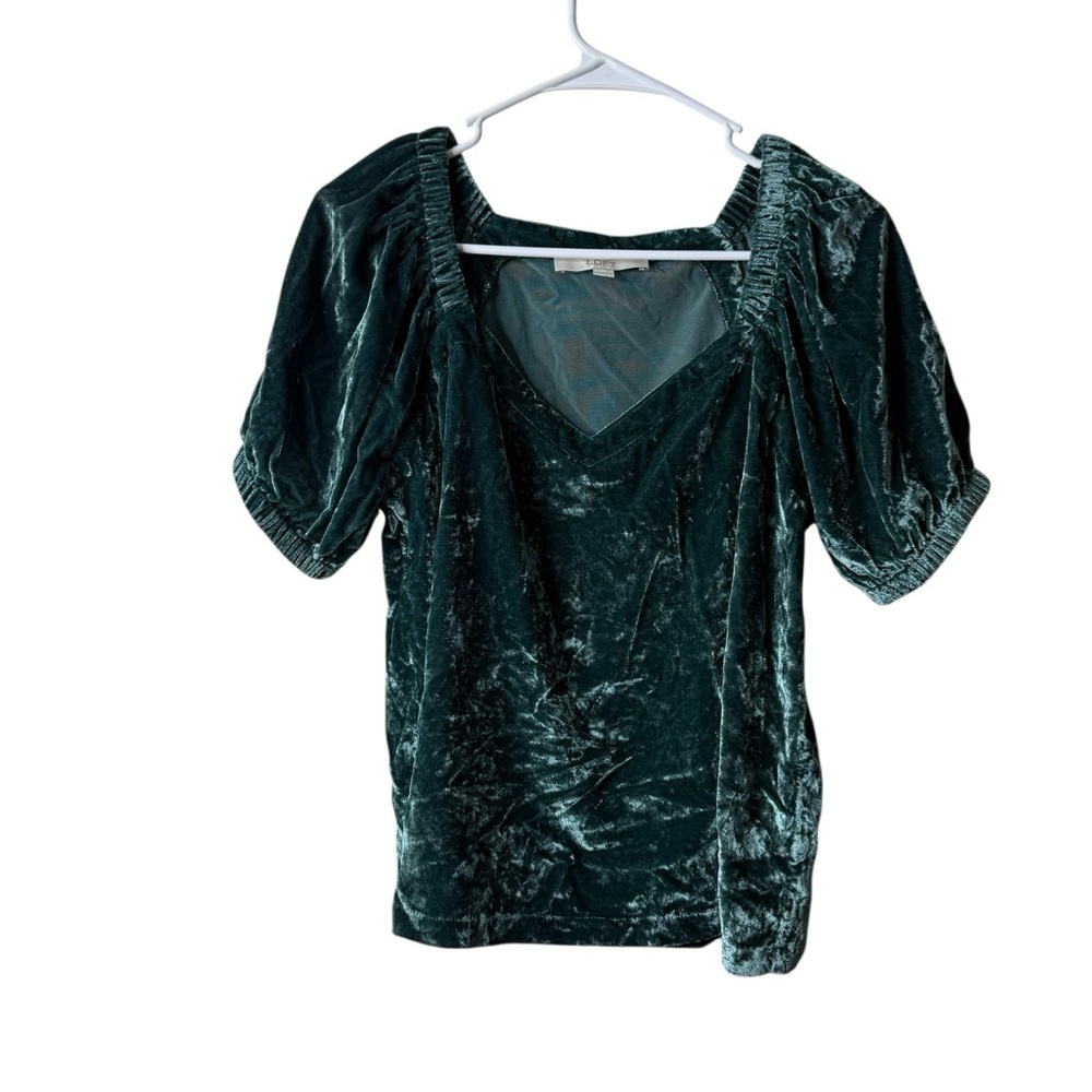 Loft Teal Blue Green Velvet V-neck Puff Short Sleeve Blouse